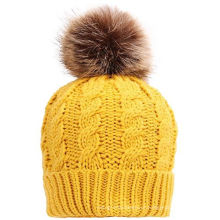 Hand Knit Hat Beanie Cap Headwear com peles POM POM